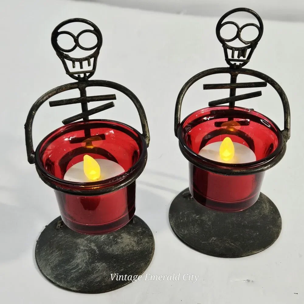 Vtg Rare Black Metal Skull Men Halloween Candle Holders Red Glass Votive Set 2